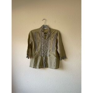 Favlux Green Striped Floral Embroidered 3/4 Sleeve Button Down